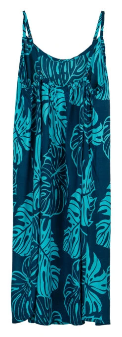 Napua Collection Sundress: Monstera Leaf - Navy W/ Blue -Hawaiian Style Shop 44761 MO Napua Sundress MonsteraLeafNavyBlue Flat Back 31868.1707853558