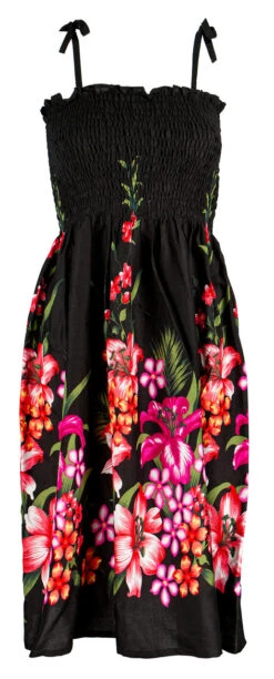 Ladies Elastic Tube Dress - Floral Mix: Black -Hawaiian Style Shop 56657 BLACK TubeDress FloralMix Model Strap 70191.1707875688