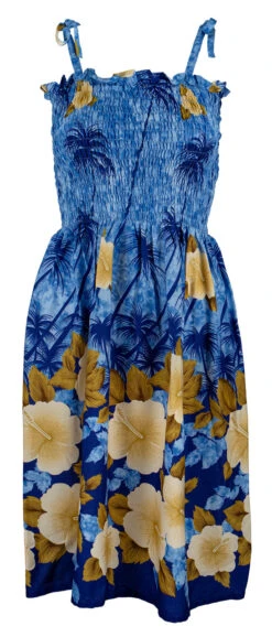 Ladies Elastic Tube Dress - Hibiscus Palm: Blue -Hawaiian Style Shop 56657 BLUE TubeDress HibiscusPalm Model Strap 43622.1707875379