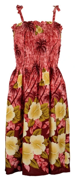 Ladies Elastic Tube Dress - Hibiscus Palm: Red -Hawaiian Style Shop 56657 RED TubeDress HibiscusPalm Model Strap 11256.1707268868