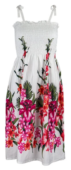 Ladies Elastic Tube Dress - Floral Mix: White -Hawaiian Style Shop 56657 WHITE TubeDress FloralMix Model Strap 32624.1707875656
