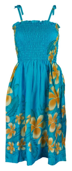 Ladies Elastic Tube Dress - Plumerias: Turquoise -Hawaiian Style Shop 5665723 TURQUOISE TubeDress Plumerias Model Strap 05604.1707875434