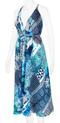 Robin Ruth® Maxi Dress: Blue Palm 16 Robin Ruth® Maxi Dress: Blue Palm -Hawaiian Style Shop 68484 RRMaxiDress Halter BluePalm Model LeftView 17284.1689792095