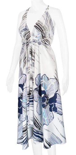 Robin Ruth® Maxi Dress: Hibiscus Canvas -Hawaiian Style Shop 68484 RRMaxiDress Halter HibiscusCanvas Model LeftView 62881.1689792824