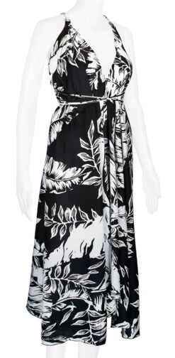 Robin Ruth® Maxi Dress: Monochrome Leaf -Hawaiian Style Shop 68484 RRMaxiDress Halter MonochromeLeaf Model RightView 57093.1689793033