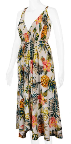 Robin Ruth® Maxi Dress: Pineapple Floral 11 Robin Ruth® Maxi Dress: Pineapple Floral -Hawaiian Style Shop 68484 RRMaxiDress Halter PineappleFloral Model LeftView 01152.1709174393