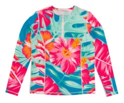 Hawaii Loa Rashguard Longsleeve - Floral: Pink Turquoise -Hawaiian Style Shop 92356 PT HawaiiLoaRashguard LS Floral PinkTurquoise Front 77416.1707531794