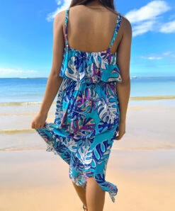 Napua Collection Ruffle Maxi Dress - Abstract Monstera: Blue -Hawaiian Style Shop D3Back 75985.1707875877