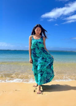 Napua Collection Ruffle Maxi Dress - Monstera Palm: Blue -Hawaiian Style Shop D5Front 77517.1701903172