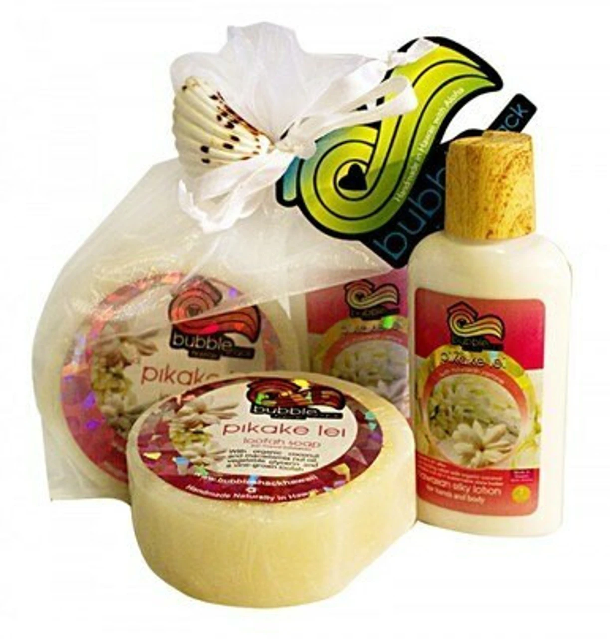 Mini Lotion/Organic Loofah Soap Gift Set: Pikake Lei 3 Mini Lotion/Organic Loofah Soap Gift Set: Pikake Lei